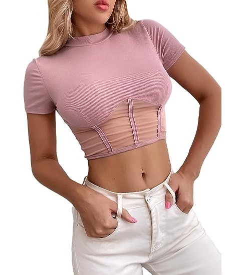Women's Mock Neck Tops Summer Mesh Cropped Tops Short Sleeves