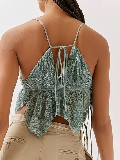 Women Backless Crop Top Spaghetti Straps Halter Tie Back Cami Tops