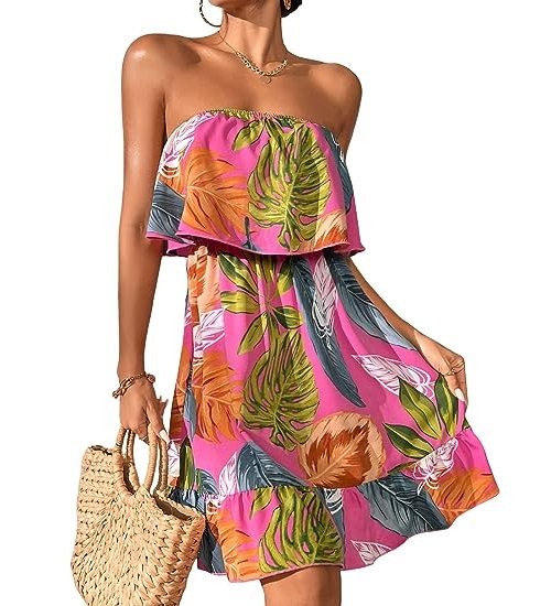 Women's Floral Summer Beach Dress Tropical Leaves Print Sleeveless Ruffle Hem Bandeau Dress
