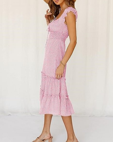 Women's Summer Dresses V Neck Boho Floral Gathered Dress Ruffle Puff Sleeve Dress