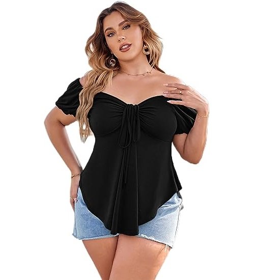 Women's Plus Size Off Shoulder Tie Front Short Sleeve Curved Hem T Shirt Tops
