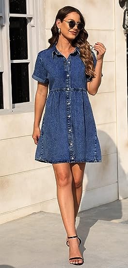 Dress for Women with Pockets Short Sleeve Babydoll Denim Shirt Dresses for Women
