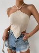 Women's Halter Neck Strappy Tank Top Cropped Top Open Back Asymmetric Turban Top