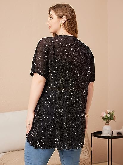 Women's Plus Size Star Print Mesh Glitter Round Neck Short Sleeve Oversized Tee Top
